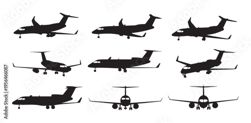 Private jet airplane silhouettes set showing various flight positions for travel business