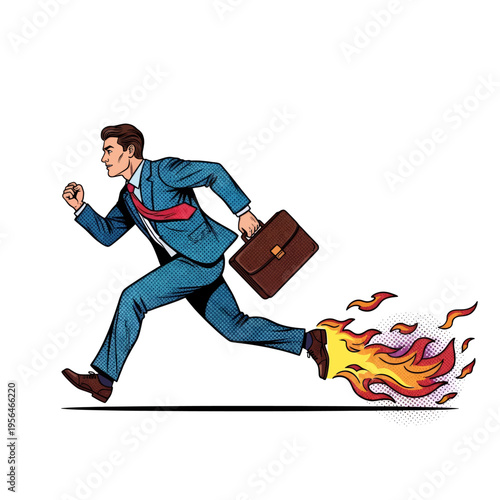 Man Running with Briefcase Flaming Shoes Pop Art Illustration Business Hustle Cartoon Graphic Design Vector Image Stock
