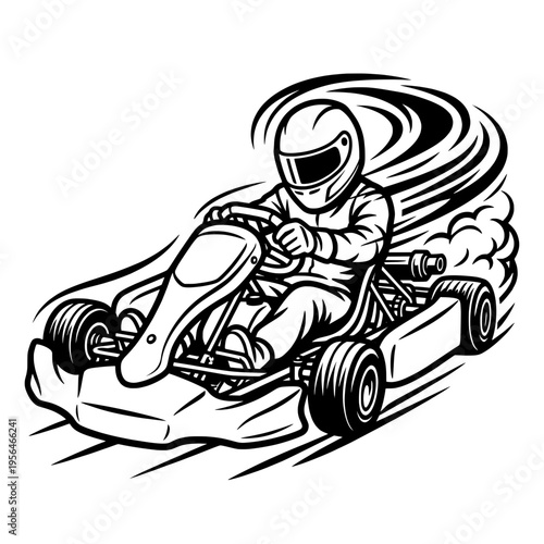 Go Kart Racing Driver Illustration – Speed Motorsport Black and White Vector