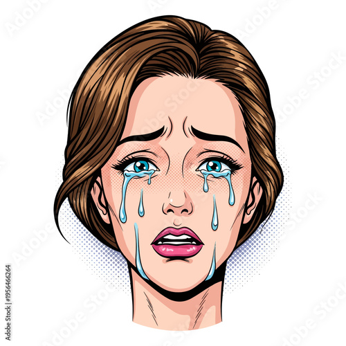Crying Woman Pop Art Illustration Emotional Portrait Sadness Distress Comic Book Style Vector Graphic Design for Posters and Websites