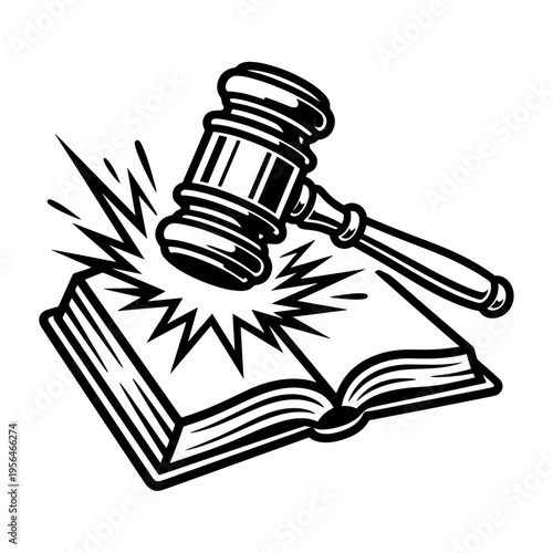 Judge Gavel Striking Law Book Illustration, Justice Court Legal Decision Line Art Vector Icon
