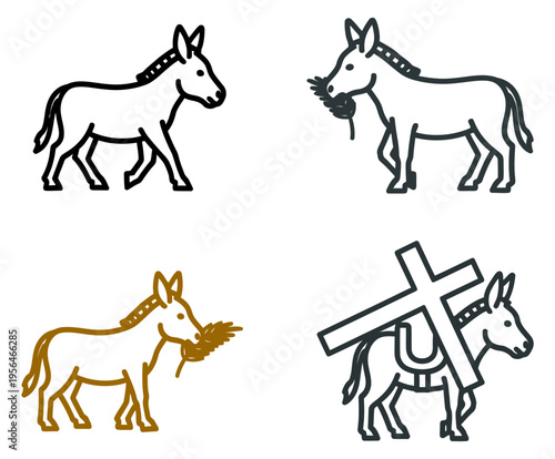 Donkey vector icon set palm sunday easter religious symbols line art minimalist design holy week christian tradition animal graphics spiritual artwork design asset EPS AI SVG