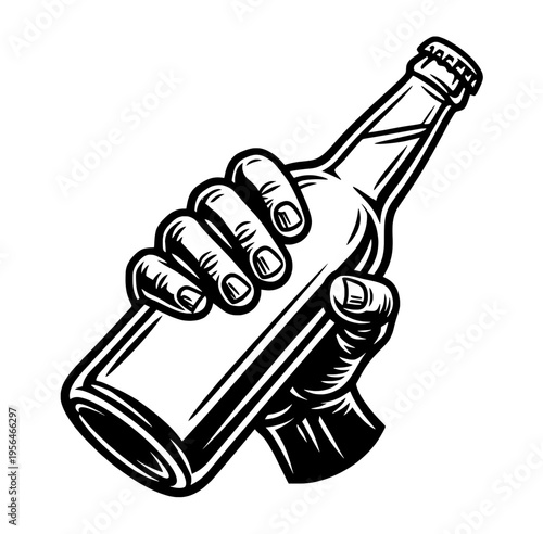 Hand Holding Beer Bottle Black Vector Illustration Vintage Drink Beverage Grip Icon