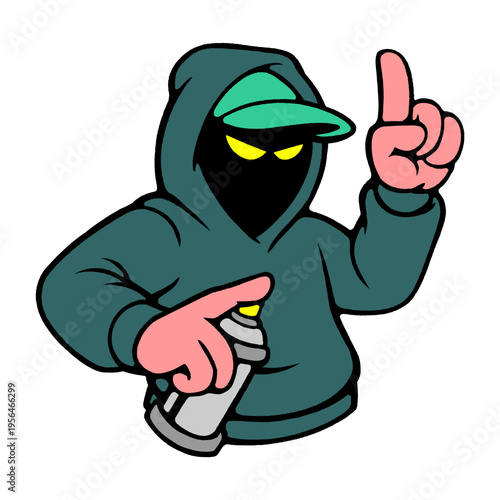 Stylized Green Graffiti Mascot Character Holding Spray Can with Hand Pointing Up for Hip Hop Art.