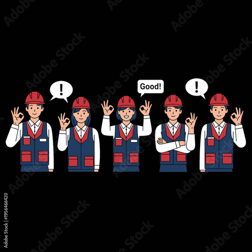 Construction Team Approval Vector Illustration Happy Workers Showing Okay Sign Positive Feedback Success Project Management Agreement