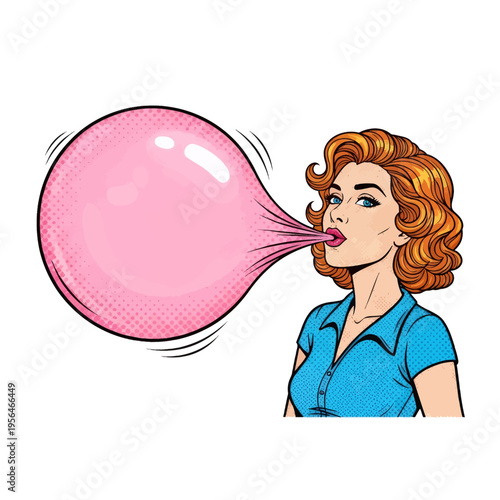 Retro Pop Art Woman Blowing Bubble Gum Illustration Vintage Style Comic Book Graphic Design Fun Chewing Gum Cartoon Image