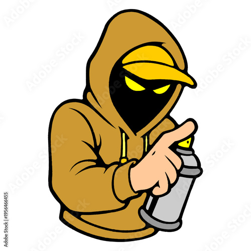 Urban Graffiti Mascot Illustration in Yellow Hoodie Holding Spray Paint Can for Creative Branding.