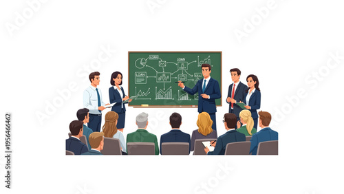 Business Loan Seminar Illustration Vector Office Meeting in Main Hall with Crowd and Green Board