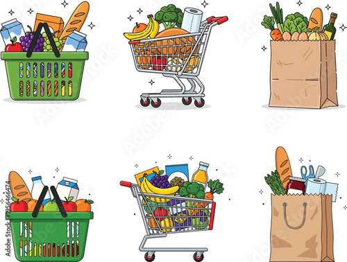 Cartoon grocery shopping baskets, carts, and paper bags filled with fresh food, fruits, vegetables, bread, milk, and household items
