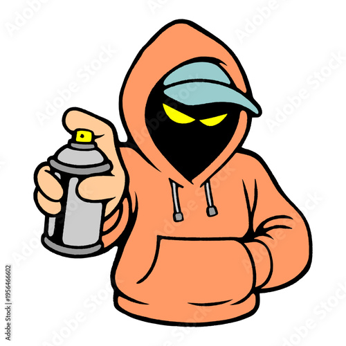 Orange Hoodie Graffiti Character Mascot Pointing Hand Toward Viewer with Bold Street Art Vibe.