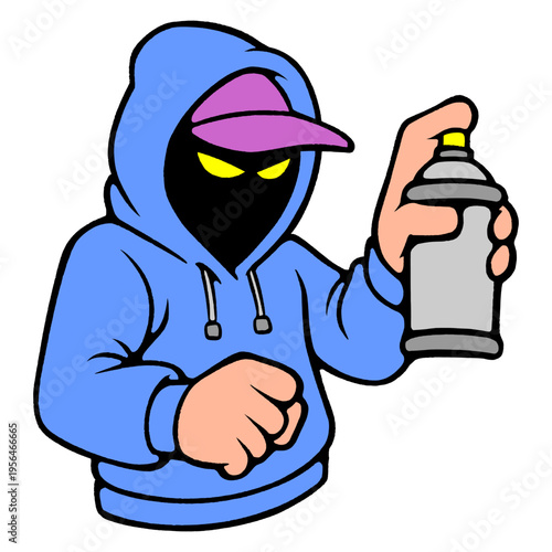 Cool Blue Graffiti Artist Character Holding Spray Can with Mysterious Mask and Modern Street Style.