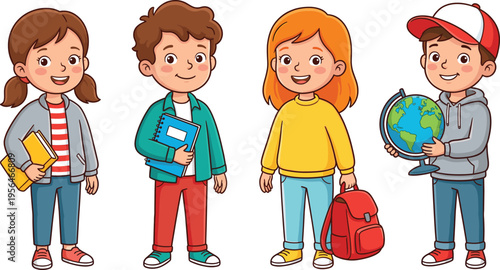 Cheerful diverse group of primary school children holding books, globe, and backpack for back to school education concept, isolated