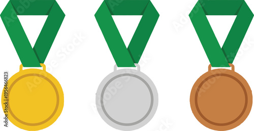 Set of Three Flat Vector Medals in Gold Silver and Bronze with Green Ribbons for Success Achievement and Competition