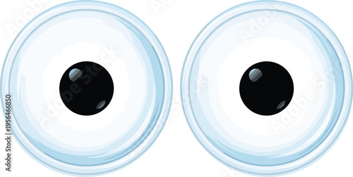 Pair of stylized cartoon blue glass eyes with black pupils, glossy round eyeballs isolated on white background, vector illustration