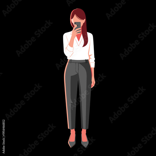 Woman Taking Selfie Stylish Business Casual Outfit Illustration Modern Vector Graphic Portrait Fashionable Female Self-Portrait Digital Art