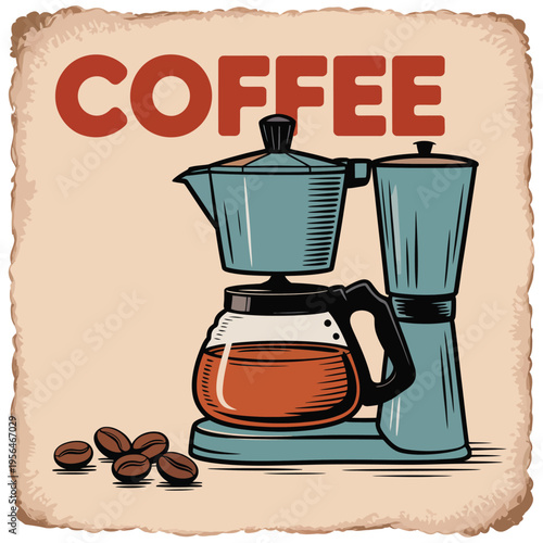 Vintage Coffee Maker with Beans and Coffee Text moka pot