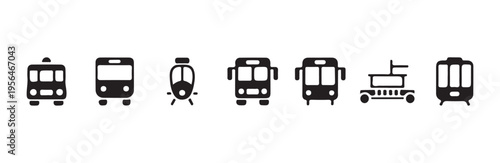 Group of public transit vehicle icons including various styles of buses and light rail symbols