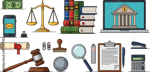 Law books, justice scale, gavel, courthouse, legal office, contract, diploma, calculator, smartphone, laptop, stamp, magnifying glass, financial law, documentation