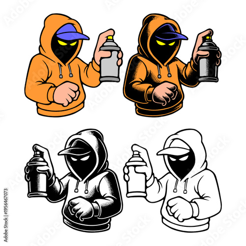 Four Orange Graffiti Mascot Variations Featuring Hand Drawn Style and Bold Urban Street Aesthetics.