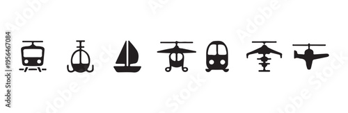 Diverse transport symbols covering air water and rail travel illustrating helicopter boat plane train