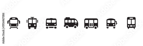 Public transport icons set featuring various bus designs and urban commuter vehicle symbols