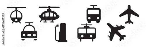 Assorted transport icons with helicopters airplanes cars buses and fuel station
