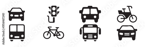 Set of transport icons for cars bicycles buses and traffic lights on white background