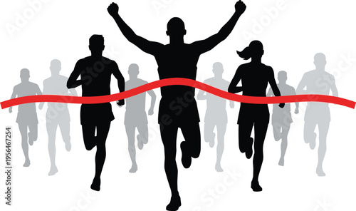 Silhouette of male winner crossing finish line red ribbon with diverse runners marathon race competition victory success achievement sports concept