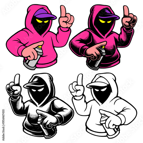 Set of Four Pink Graffiti Mascot Characters Including Line Art and Full Color Urban Designs.