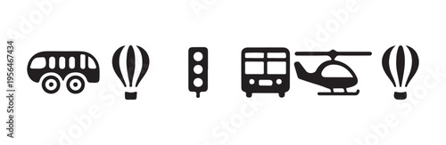 Group of transportation method graphics featuring bus hot air balloon traffic signal and helicopter shapes