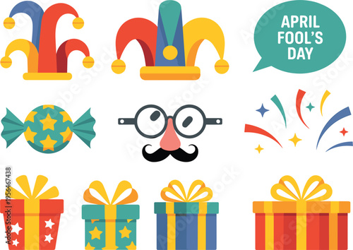 April fools day badge collection, colorful sticker set with funny typography for holiday prank