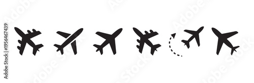 Multiple stylized airplane icons depicting various flight paths and simple aircraft shapes for travel