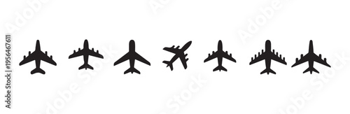 Variety of airplane icons with different angles and models in a black silhouette style