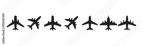 Different airplane icons in black silhouette representing various aircraft models and flight
