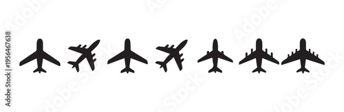 Various airplane icons in black silhouette style representing different aircraft for travel