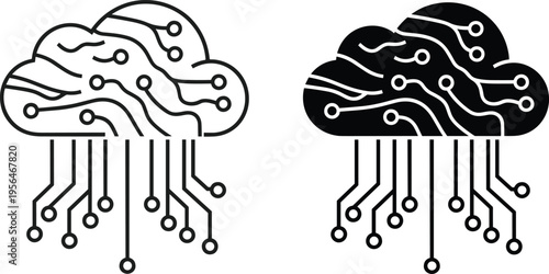 Set of cloud computing icons with circuit board patterns, digital data storage and technology network symbols, flat vector illustration isolated.