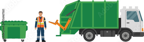 Green rear loader garbage truck with sanitation worker in safety vest and plastic waste container for waste management services