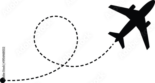Black airplane silhouette with dashed dotted line flight path loop and starting point isolated on white background, travel vector