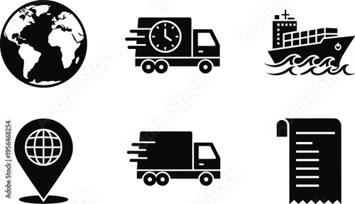Set of logistics and delivery icons including globe, fast shipping truck, cargo ship, location pin, and invoice, flat vector illustration.
