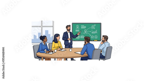 7Office Meeting Illustration Vector Five Business People Presentation with Green Board Team Discussion