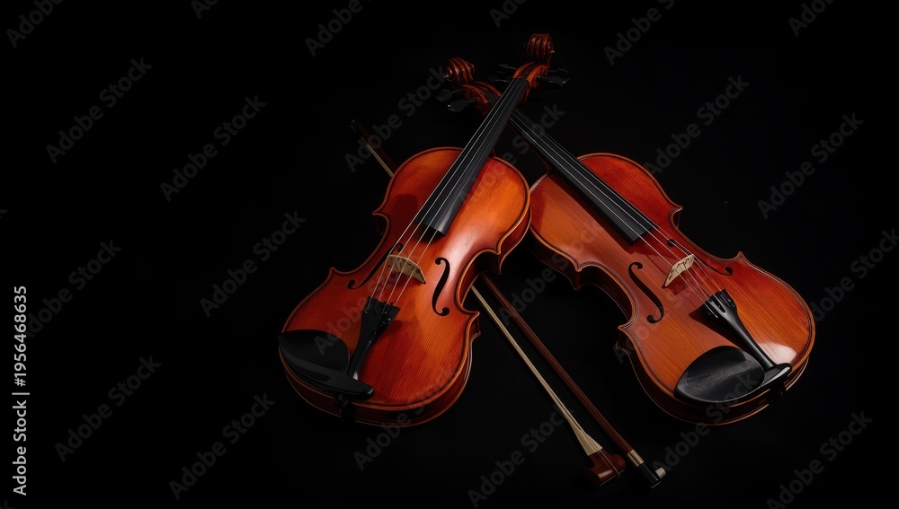Fototapeta premium Isolated violin orchestra instruments on black. Two stringed instruments with bow.