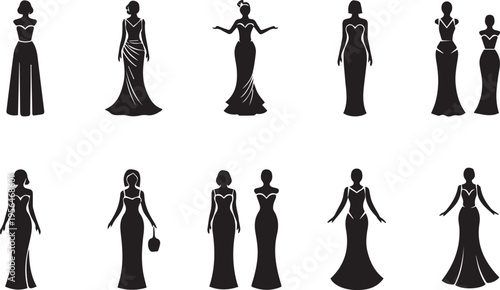 Set of Elegant Evening Gown Silhouette Icons for Fashion and Bridal Design