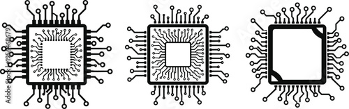 Set of processor microchip icons with circuit board patterns, digital computer CPU hardware and technology symbols, flat vector illustration isolated.