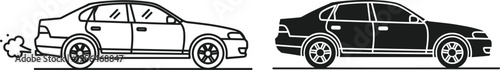 Set of sedan car icons in outline and silhouette style, side view automobile with exhaust smoke, flat vector illustration isolated on white.