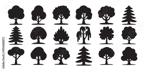 Deciduous and coniferous tree silhouette icons set black forest plants isolated on white