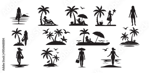 People enjoying sunny beach days, women walking by ocean, men relaxing with drinks outdoors