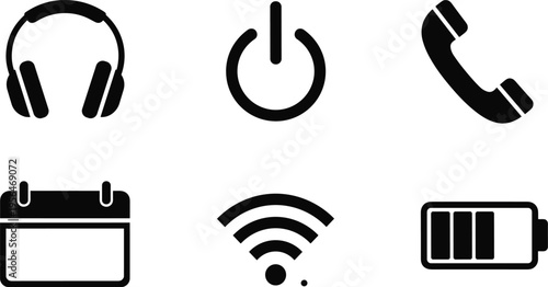 Set of universal flat interface icons including headphones, power button, telephone, calendar, wifi signal, and battery level, flat vector illustration.