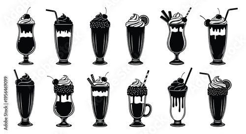 Milkshake Silhouette Icon Set Black Sweet Dessert Drink Glasses Chocolate Strawberry Shake Vector Collection Isolated