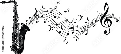 Silhouette of a saxophone with flowing musical notes and staves, creative jazz and classical music concept, flat vector illustration isolated.
