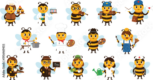 Cute Bee Characters Professions Set Featuring Doctor Chef Artist Scientist Musician Painter Gardener Police and Worker Occupations Cartoon Vector Illustration Collection for Kids Design